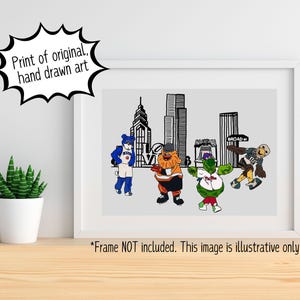 Philly Sports Mascots Art Print- Eagles Swoop- Flyers Gritty- 76ers Franklin- Phillies Phanatic- Philadelphia Sports Fan Gift- Gift for Him