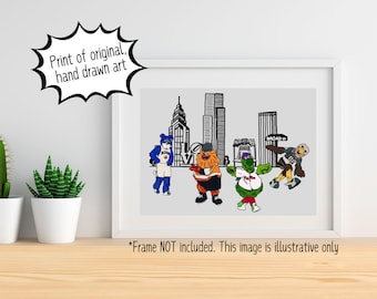 May include: A hand-drawn illustration of four cartoon mascots in front of a cityscape. The mascots are wearing sports uniforms and are standing in front of a skyline with buildings labeled "BROAD".