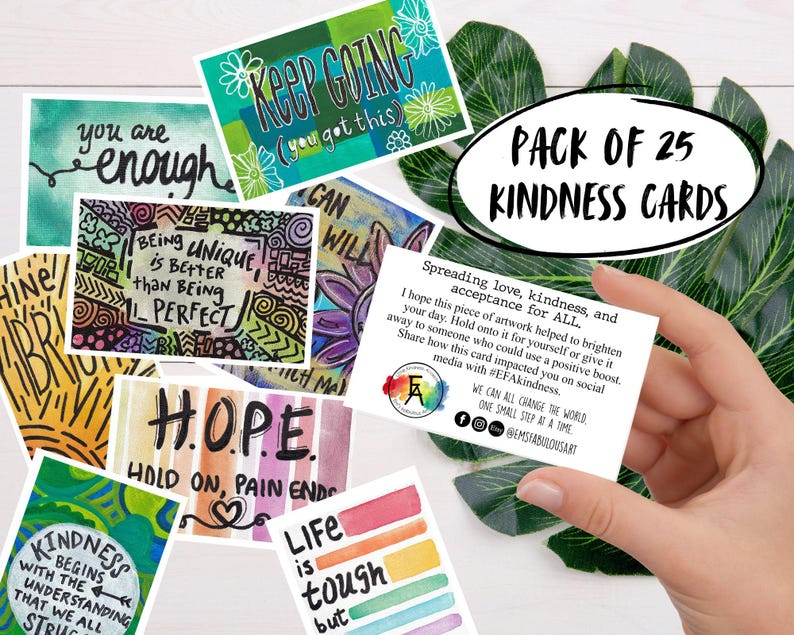 25 Kindness Cards, Original Art, Positive Affirmation Inserts, Random Acts of Kindness Gift, Laminated Lunchbox Notes, Mental Health Support image 1