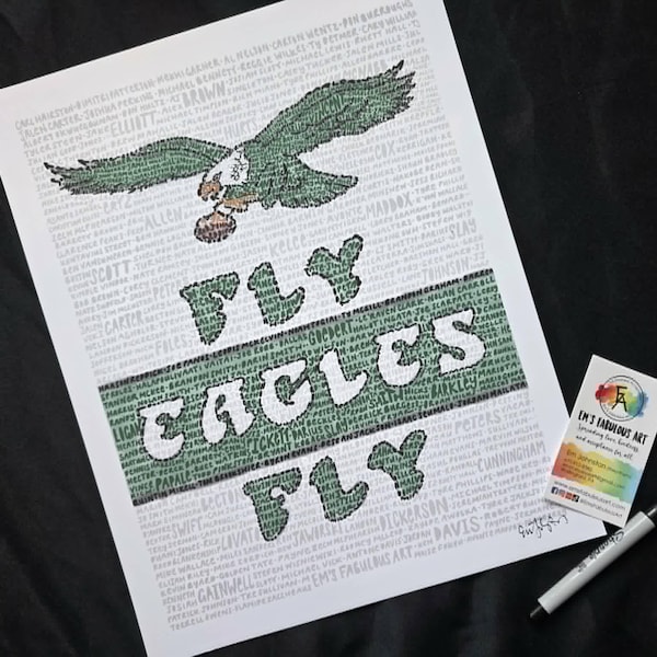 Philadelphia Eagles Sports Word Art Poster, Fly Eagles Fly, Superbowl LIX, Go Birds, Jalen Hurts, Saquon Barkley, Man Cave, Eagles Logo
