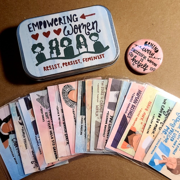 Empowering Women- Little Box of Inspiration- Resist, Persist, Feminist- Powerful Female Quotes- Encouragement Cards- Pinback Button