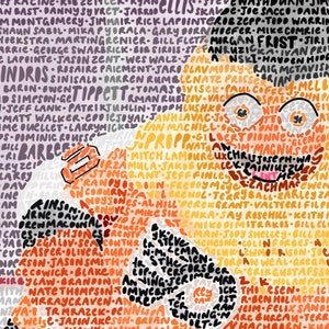 May include: A colourful illustration of a person's face with the names of many people written in a circular pattern around the face. The names are written in black and white on a background of orange, yellow and pink.