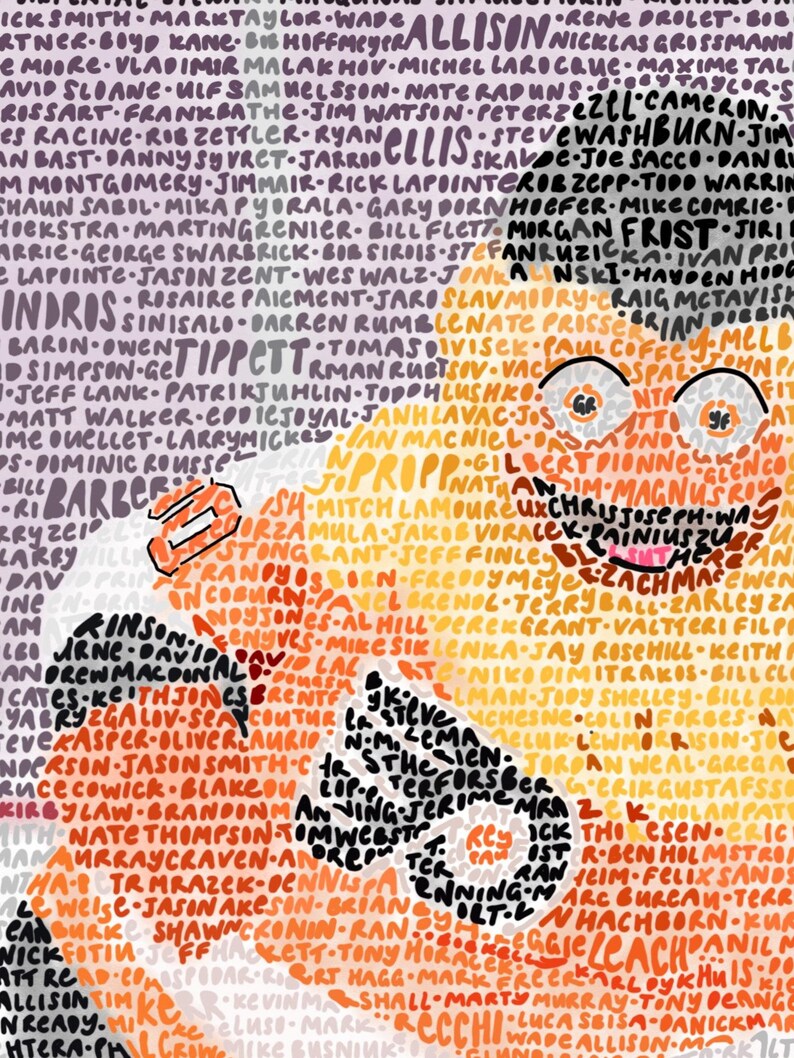 May include: A colourful illustration of a person's face with the names of many people written in a circular pattern around the face. The names are written in black and white on a background of orange, yellow and pink.