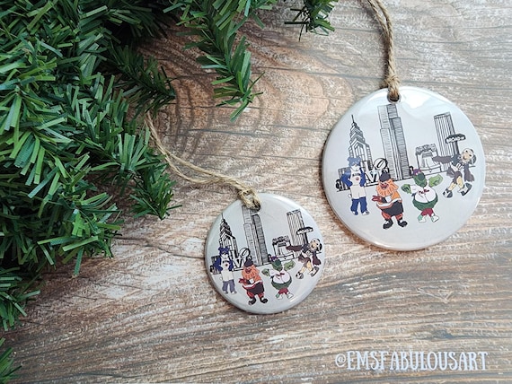 Philly Sports Mascots Pride Christmas Ornament- Eagles- Flyers- 76ers- Phillies- Philadelphia Gift- Phanatic- Gritty- Swoop- Philly Skyline