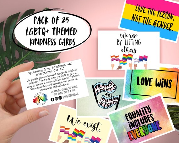 LGBTQ+ Pride Themed Kindness Cards- Laminated Art- Pack of 25- RAOK- Spread Kindness- Positive Quotes- Rainbow Art- Pride Festival Gift