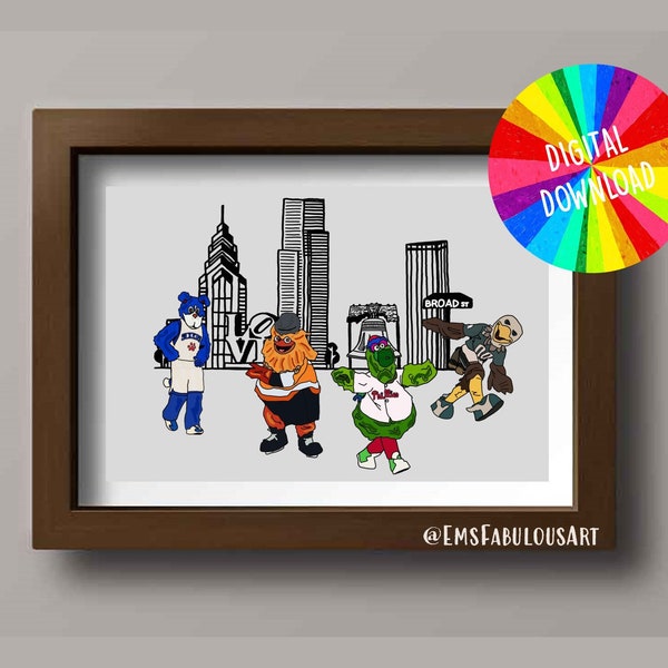 Digital Download- Philly Sports Mascots Print- Eagles- Flyers- 76ers- Phillies- Philadelphia Sports Fan Gift- Philly Skyline- Gift for Him
