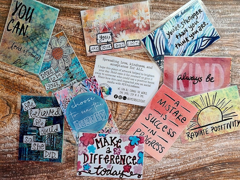 25 Kindness Cards, Original Art, Positive Affirmation Inserts, Random Acts of Kindness Gift, Laminated Lunchbox Notes, Mental Health Support image 3