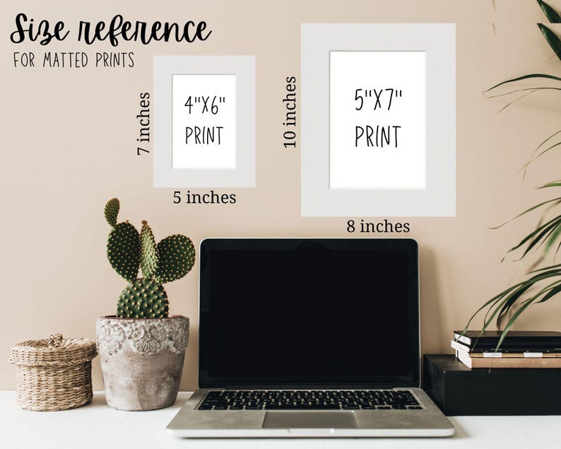 May include: Size reference for matted prints. A white matted frame with a 4" x 6" print inside, and a white matted frame with a 5" x 7" print inside. The frames are on a beige wall.