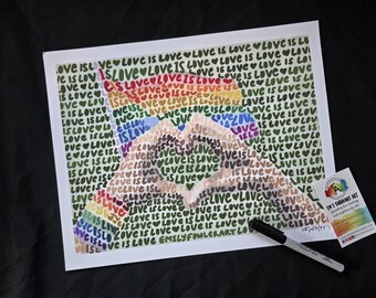 Love is Love Word Art Print, Queer Pride Wall Art Poster, LGBTQ+ Pride Canvas Decor, Lesbian, Gay, Bisexual, Transgender, Rainbow Flag