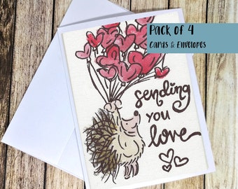 Sending You Love- Greeting Card- Four Cards and Envelopes- Thinking of you Card- Blank Inside- Pack of Cards- Cute Hedgehog- Sympathy Card