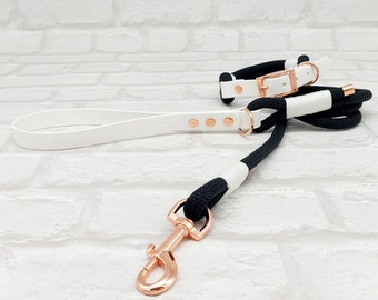 Premium Paracord Rope and BioThane® Dog Collar and Dog Lead Set    I    Black & White with Rosegold