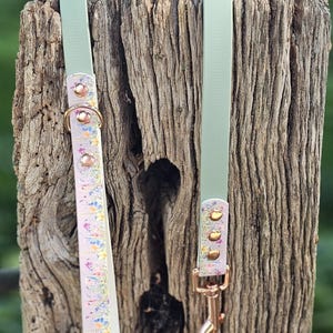 May include: A light green dog leash with a floral patterned accent. The leash features gold-colored hardware, including a clasp and rivets. The floral pattern includes pink, yellow, and blue flowers.