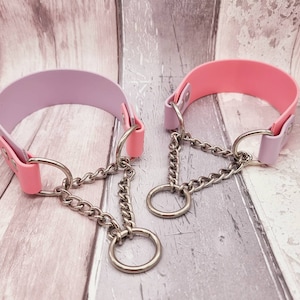 Trinkety Paws two-coloured waterproof Biothane Martingale Dog Collar in Lilac and Baby Pink with stainless steel Martingale Chain.