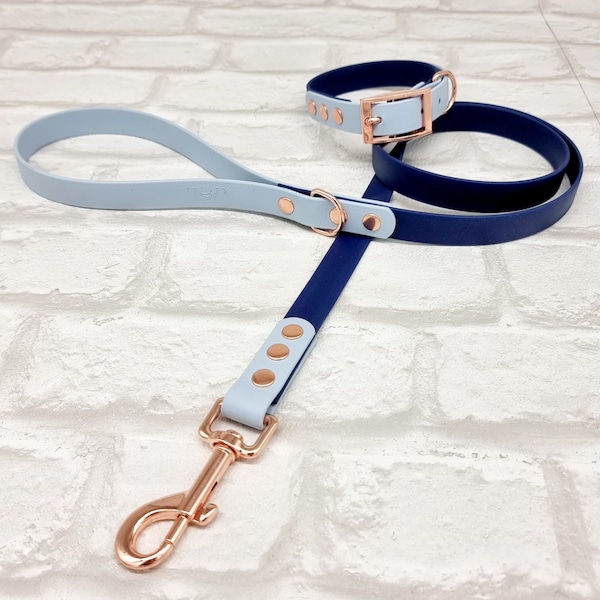 Waterproof Biothane® Dog Collar & Dog Lead Set - Navy and Pastel Blue with Rosegold