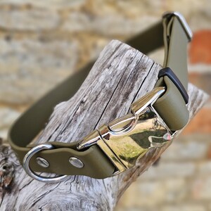 K&ouml;nnte beinhalten: Ein olivgr&uuml;nes Halsband mit einer polierten silberfarbenen Metall-Steckschnalle, einem passenden silberfarbenen D-Ring und zwei silberfarbenen Nieten. Das Band besteht aus einem glatten, matten Material und hat eine schwarze Schlaufe.