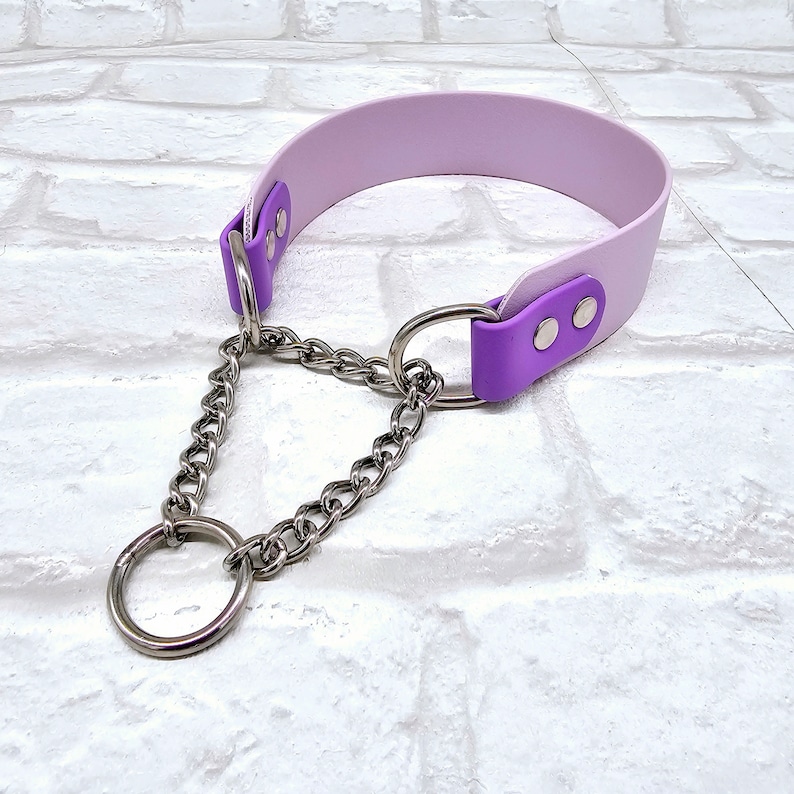 Pu&ograve; includere: Un collare color lavanda chiaro con due linguette viola vivace fissate con rivetti in metallo argentato. Una catena in metallo argentato collega i due lati del collare, congiungendosi in un anello centrale in metallo argentato.