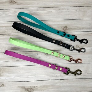 May include: Four dog leashes in teal, black, lime green, and magenta. Each leash features a loop handle, a metal D-ring, and a metal swivel snap hook. The leashes are secured with metal rivets and have the letters TnP embossed on the strap surface.