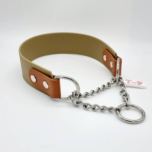 Trinkety Paws two-coloured waterproof Biothane Martingale Dog Collar in Military Green and Light Brown with stainless steel Martingale Chain.