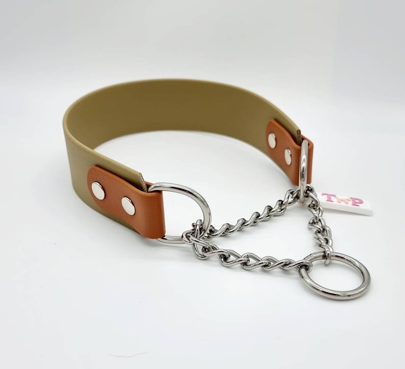 Trinkety Paws two-coloured waterproof Biothane Martingale Dog Collar in Military Green and Light Brown with stainless steel Martingale Chain.