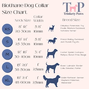 May include: A size chart for Biothane dog collars, featuring size ranges from XS to XL. Each size is displayed with neck size in inches and centimeters, collar width in inches and millimeters, and a list of dog breeds. The Trinkety Paws logo is in the top right.