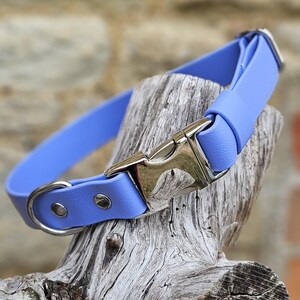 K&ouml;nnte beinhalten: Ein lavendelblaues Halsband mit einem glatten, matt texturierten Riemen, einer polierten silberfarbenen Metallschnalle mit seitlichem Verschluss, einem passenden silberfarbenen D-Ring und zwei silberfarbenen Nieten zur Befestigung.