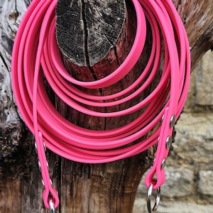 Op de afbeelding: Een fel neonroze hondenriem gemaakt van een glad, flexibel materiaal. De riem is voorzien van zilverkleurige metalen klinknagels die de lussen vastzetten en een zilverkleurige metalen draaibare musketonhaak aan het uiteinde met een metalen ring.