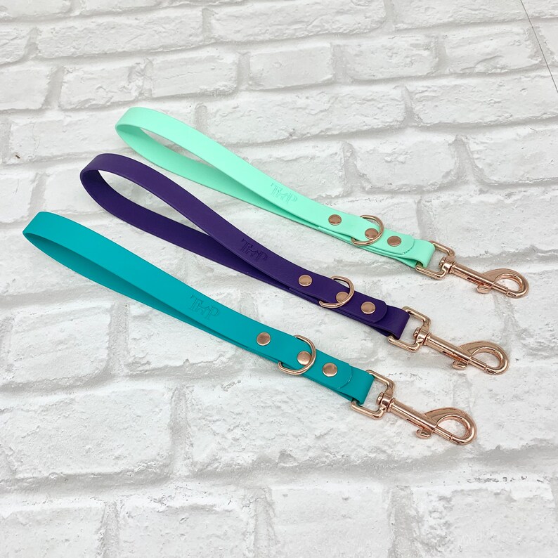 May include: Three short dog leashes in mint green, deep purple, and teal. Each leash features a smooth, flat strap with the embossed letters THP, secured by two metallic rivets, a circular metal ring, and a rose gold-toned swivel snap hook.