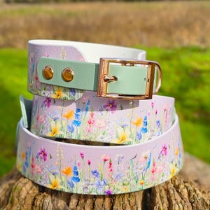 May include: Three dog collars stacked on a wooden surface. The collars feature a floral pattern with purple, yellow, and blue flowers. Each collar has a light green buckle and gold-colored hardware.