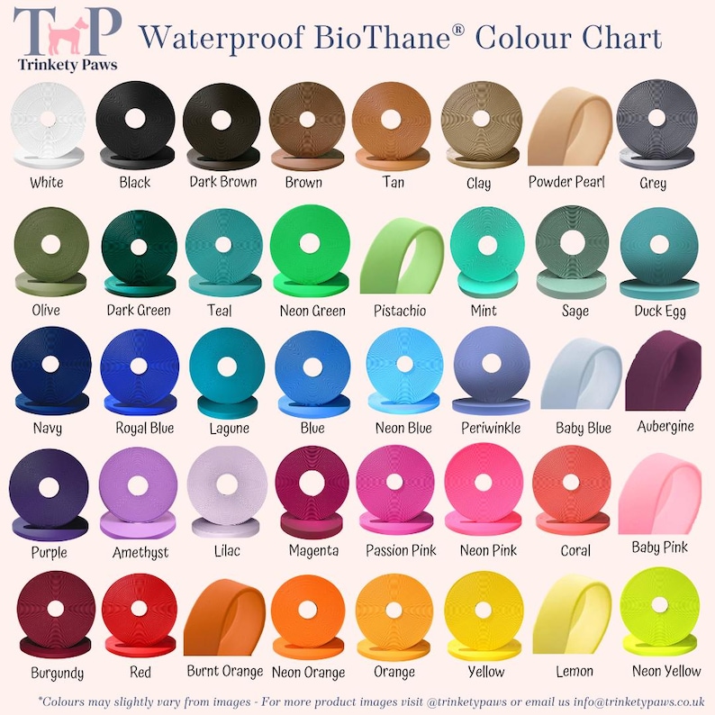 Pu&ograve; includere: Una tabella colori Waterproof BioThane di Trinkety Paws che mostra quarantotto campioni circolari di fettuccia in varie tonalit&agrave;, tra cui bianco, nero, marrone, verde, blu, viola, rosa, rosso, arancione e giallo con etichette.