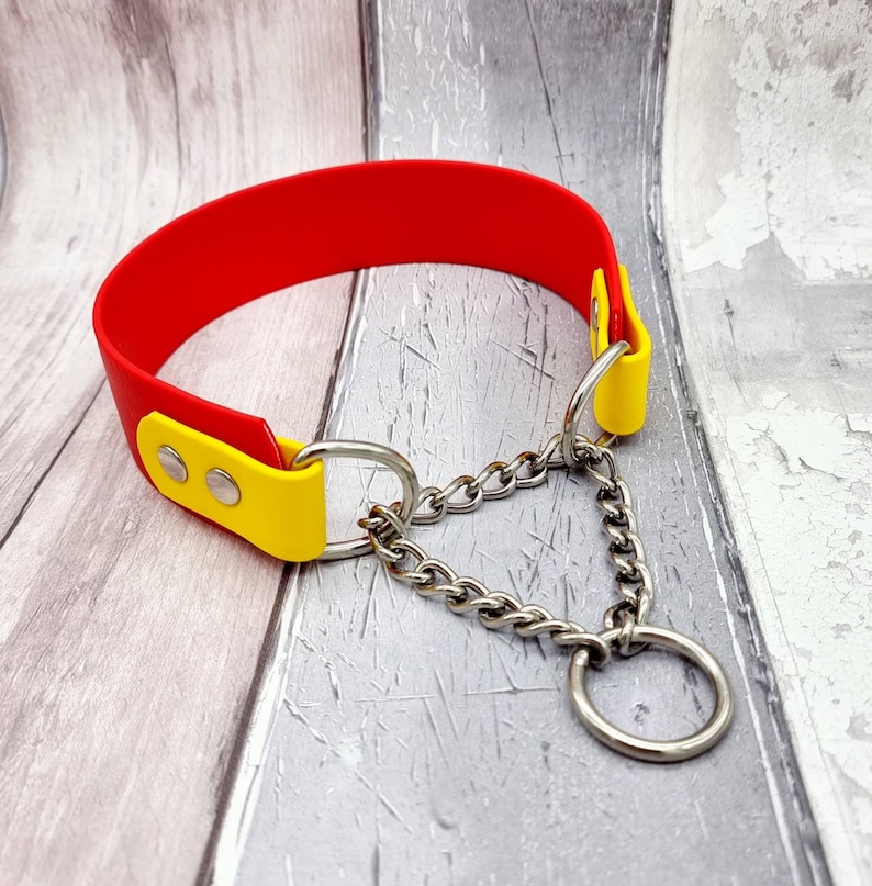 Trinkety Paws two-coloured waterproof Biothane Martingale Dog Collar in Red and Yellow with stainless steel Martingale Chain.