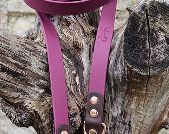 May include: A plum-colored dog leash featuring dark brown leather-like accents, rose gold metal hardware, and three rivets on each attachment point. The strap is embossed with the letters TMP and includes a swivel snap hook and a D-ring.