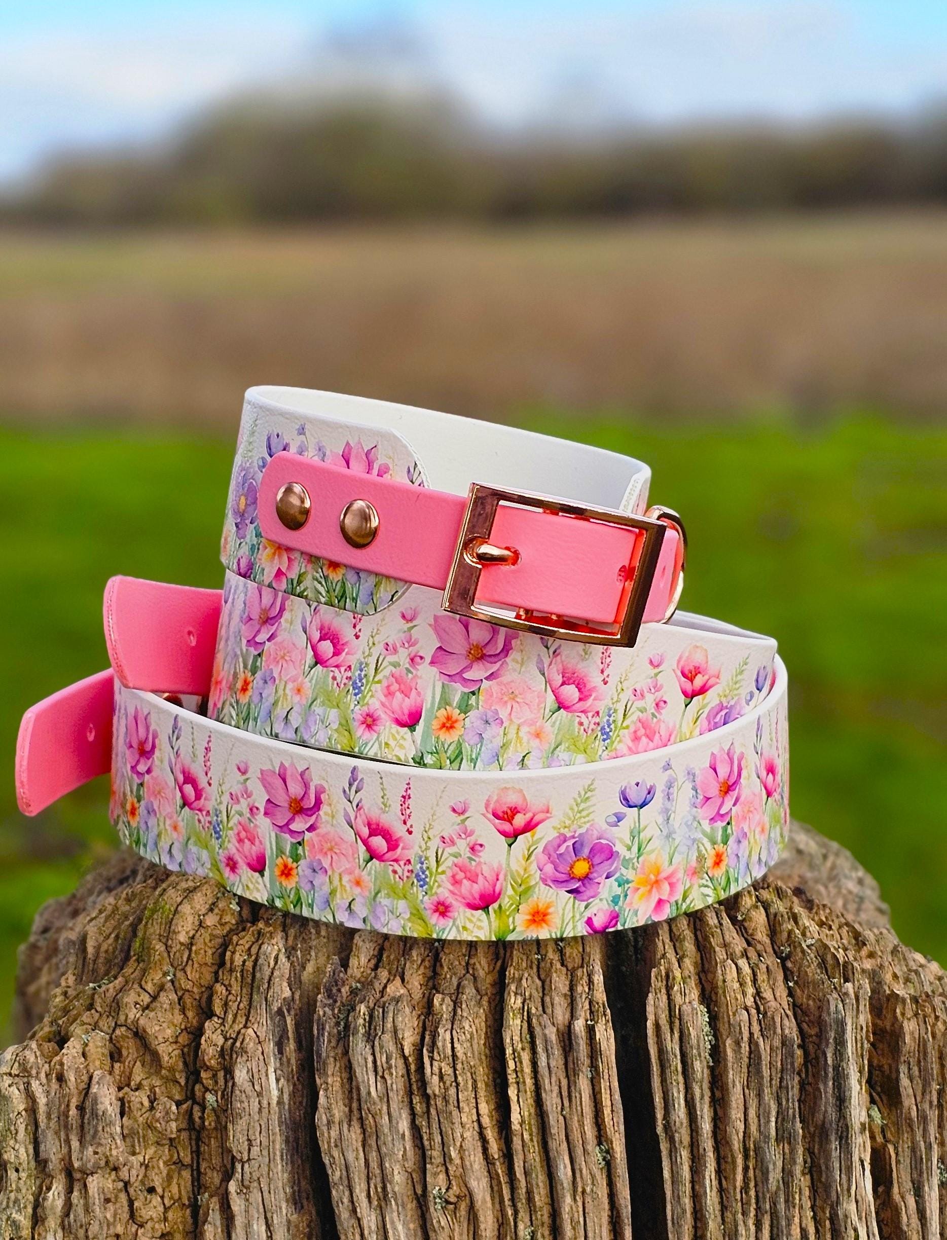 Pink Blossom Biothane Dog Collar & Lead, Waterproof, Uk Handcrafted