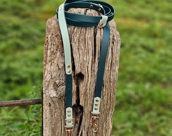 May include: A dual-tone dog leash featuring dark forest green and light mint green straps. The leash includes metallic gold-toned hardware, including two swivel snap hooks and rivets securing the strap ends, with a multi-functional adjustable design.