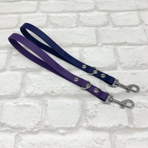 May include: Two dog leashes, one in purple and one in navy blue, featuring a smooth matte finish. Each leash includes a silver-toned metal swivel snap hook, a circular metal ring, and two silver rivets. The letters THP are embossed on each strap.