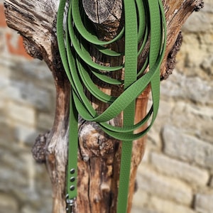 Op de afbeelding: Een lange olijfgroene hondenriem met een gestructureerd zeshoekig patroon over het oppervlak. De riem is voorzien van zilverkleurige metalen klinknagels en een metalen draaibare musketonhaak aan &eacute;&eacute;n uiteinde, met een D-ring bij het handvat.