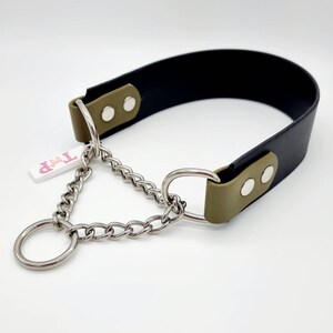 Trinkety Paws two-coloured waterproof Biothane Martingale Dog Collar in Black and Military Green with stainless steel Martingale Chain.