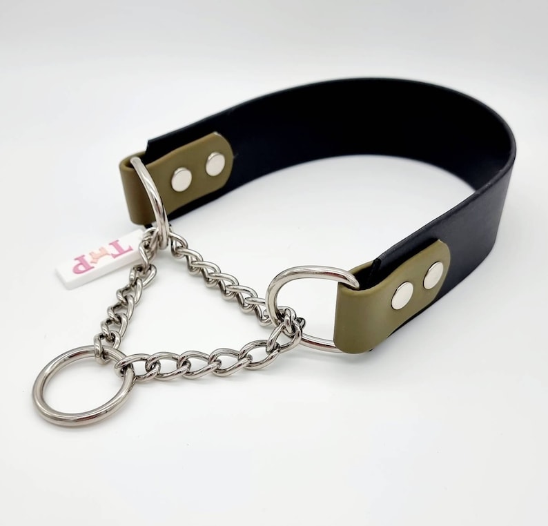 Trinkety Paws two-coloured waterproof Biothane Martingale Dog Collar in Black and Military Green with stainless steel Martingale Chain.