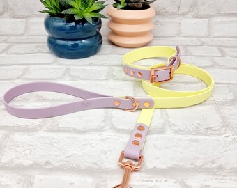 Waterproof Biothane® Dog Collar & Dog Lead Set - Sherbet Lemon / Lilac with Rosegold Hardware