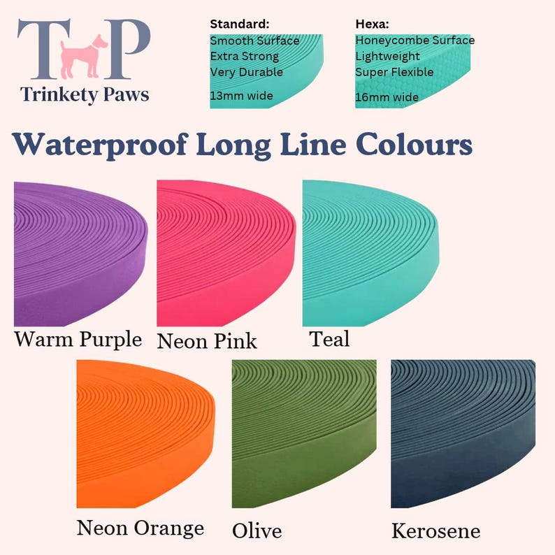 Op de afbeelding: Een collectie waterdichte materialen voor lange lijnen in zes kleuren: warm paars, neonroze, taling, neonoranje, olijf en kerosine. Tekst bevat Trinkety Paws, Standard 13mm glad oppervlak en Hexa 16mm honingraatoppervlak.