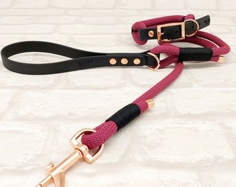 Premium Paracord Rope and BioThane® Dog Collar and Dog Lead Set    I    Burgundy & Black with Rosegold