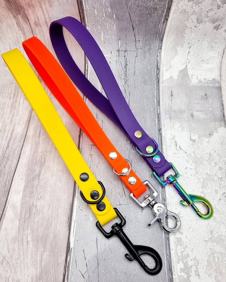 May include: Three short pet leashes in bright yellow, orange, and purple. Each leash features a loop handle, two metal rivets, a small D-ring, and a swivel snap hook. The yellow leash has black hardware, the orange has silver, and the purple has iridescent hardware.