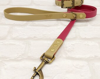 Waterproof Biothane® Dog Collar & Dog Lead Set - Burgundy / Sandstone with Antique Brass Hardware