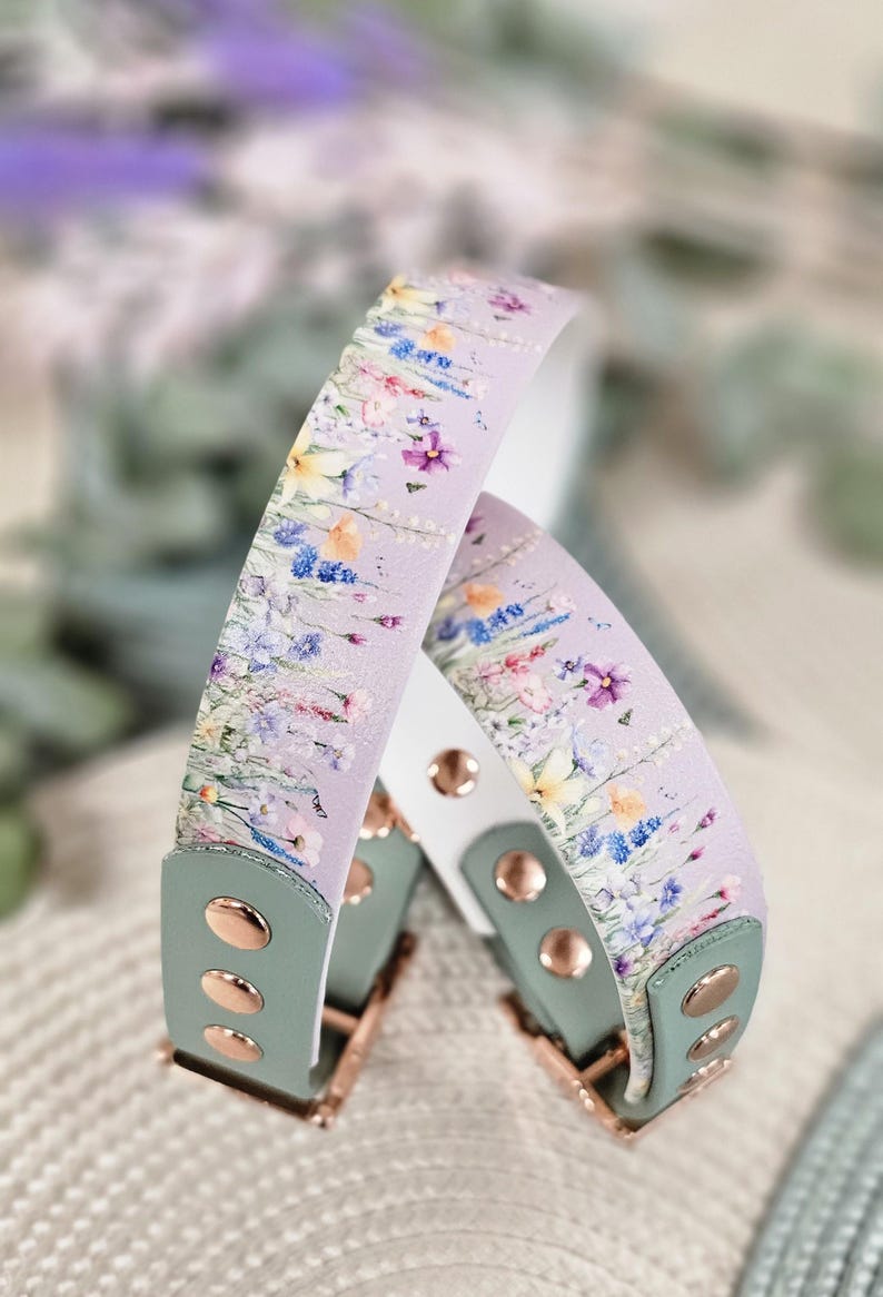 May include: Two floral-patterned dog collars. The collars feature a lavender background with a watercolor floral design in shades of pink, blue, yellow, and purple. The ends are sage green with rose gold hardware and white backing.