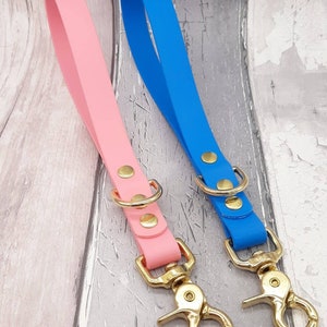 May include: Two wristlet lanyards, one in light pink and one in bright blue, made of a smooth, flexible material. Each features a gold-toned metal swivel lobster clasp, a matching gold-toned D-ring, and two gold-toned rivets securing the loop.