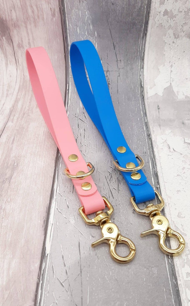 May include: Two wristlet lanyards, one in light pink and one in bright blue, made of a smooth, flexible material. Each features a gold-toned metal swivel lobster clasp, a matching gold-toned D-ring, and two gold-toned rivets securing the loop.