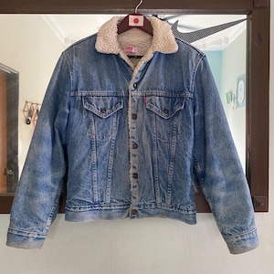 Vintage 80s Levi&#39;s Type3 Trucker Blue Denim Sherpa Workwear Jacket 38 Size