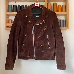 Chaqueta de cuero de motorista vintage Rere de los años 70 con marca de ropa de EE. UU., talla pequeña