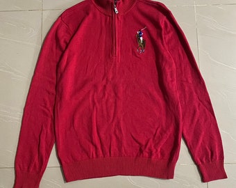 Vintage Polo by Ralph Lauren Sweater Embroidery big Logo Half Zip Medium Size