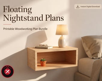 May include: Floating Nightstand Plans Printable Woodworking Plan Bundle. A light wood rectangular floating nightstand mounted on a wall with a lamp, a book, and a small potted succulent on top. Text reads Floating Nightstand Plans.