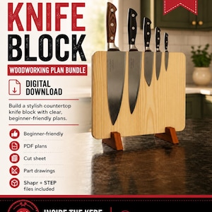May include: A light-colored wooden magnetic knife block with five kitchen knives attached to its front surface. The block is supported by two small, dark-toned wooden feet. Text on the image includes "MAGNETIC KNIFE BLOCK," "WEEKEND PROJECT," "WOODWORKING PLAN BUNDLE," "DIGITAL DOWNLOAD," and "INSIDE THE KERF."